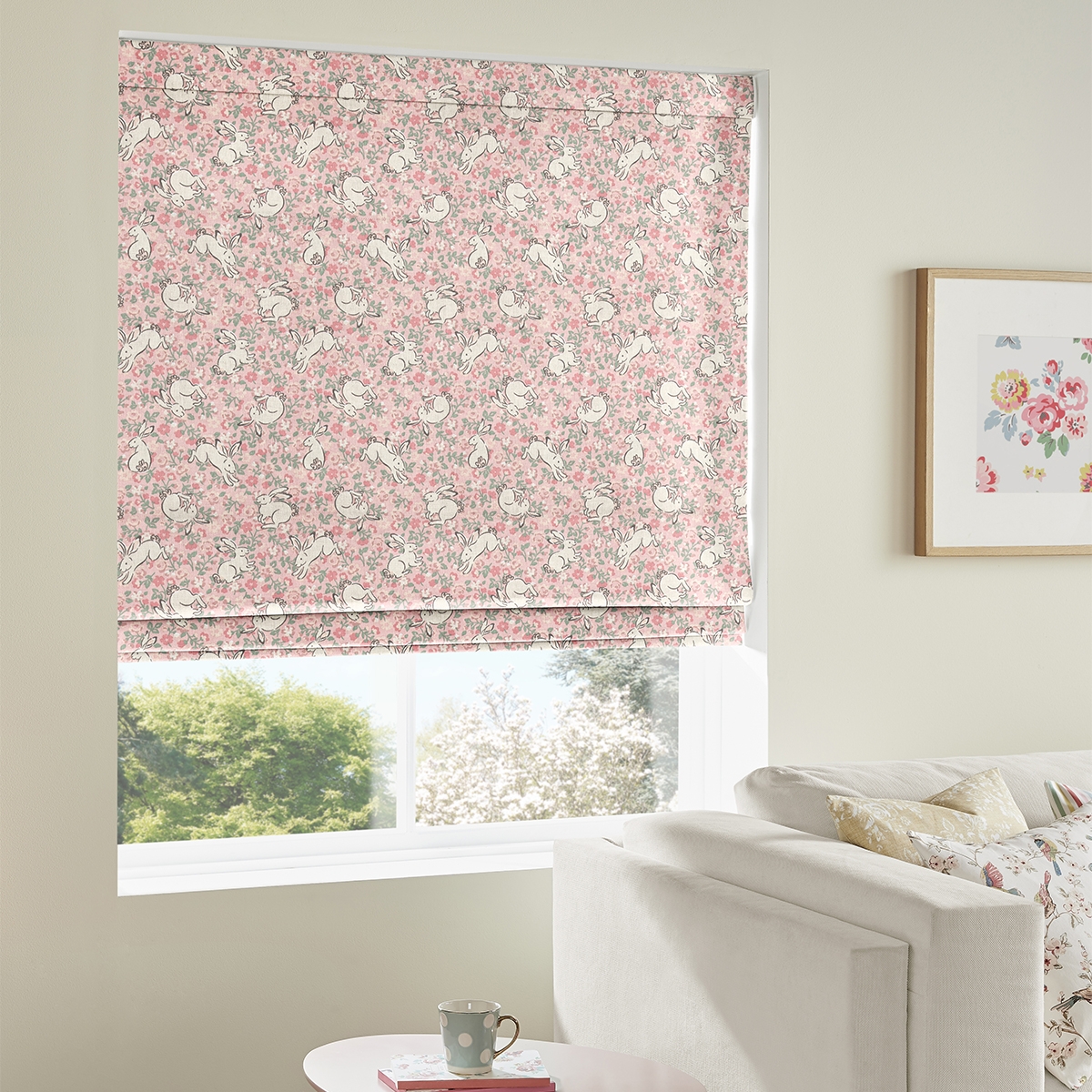 Product photograph of Cath Kidston Jumping Bunnies Blush Roman Blind from Choice Furniture Superstore.